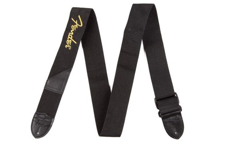 FENDER BLACK STRAP/YELLOW LOGO ремень для гитары, черный цвет, желтый логотип