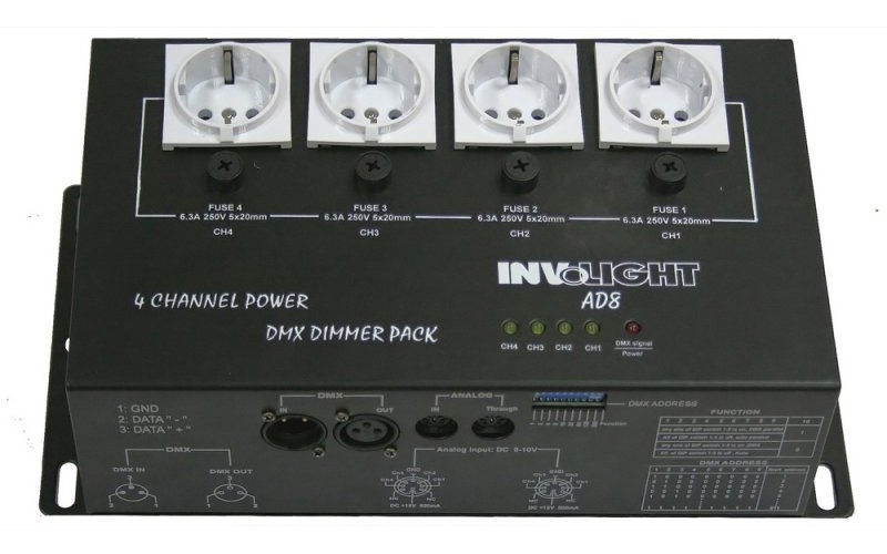 Involight AD8 - диммер 4-х канальный, 1 кВт на канал, DMX-512, аналоговое 0-10 В