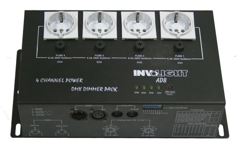 Involight AD8 - диммер 4-х канальный, 1 кВт на канал, DMX-512, аналоговое 0-10 В