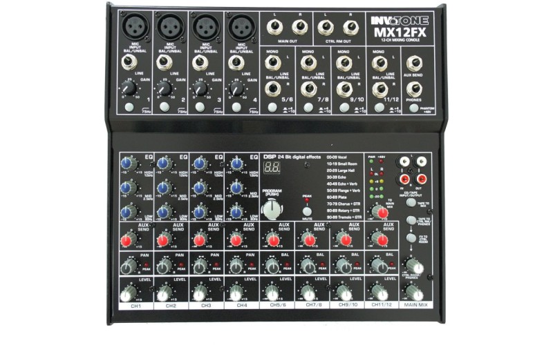 Invotone MX12FX - Микшерный пульт 4 микрофонных входа XLR Jack, 4 стерео входа с балансными джеками