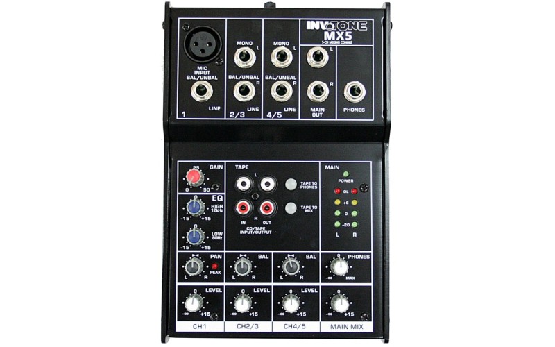 Invotone MX5 - микшерный пульт, 1 микрофонный вход, ,XLR и балансный Jack,2 стерео входа