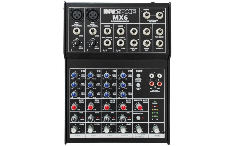 Invotone MX6 - микшерный пульт,2 микрофонных входа, XLR и балансный Jack,2 стерео входа.
