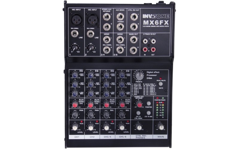 Invotone MX6FX - Микшерный пульт 2 микрофонных входа XLR и балансный Jack, 2 стерео входа