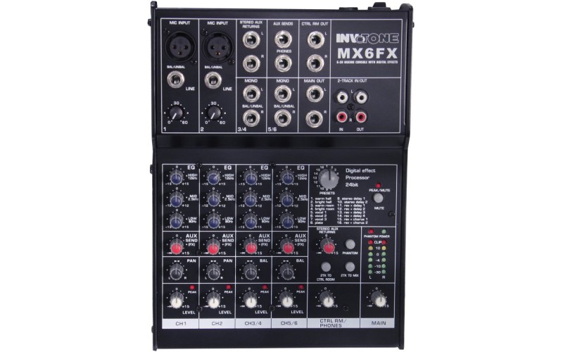 Invotone MX6FX - Микшерный пульт 2 микрофонных входа XLR и балансный Jack, 2 стерео входа