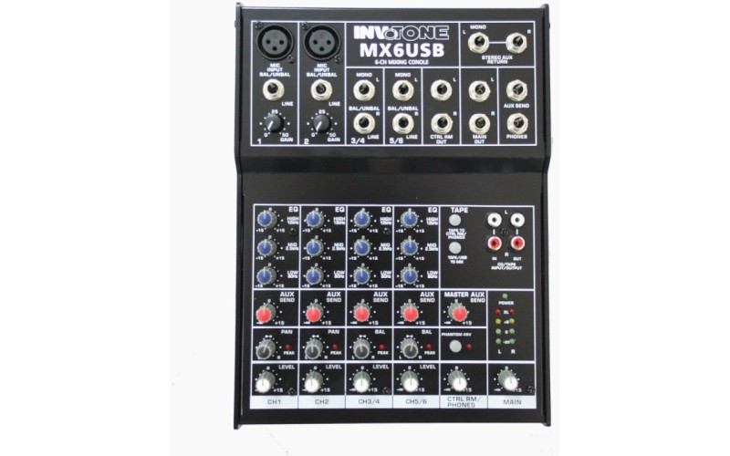 Invotone MX6USB - Микшерный пульт 2 микрофонных входа, XLR и балансный Jack, 2 стерео входа c USB