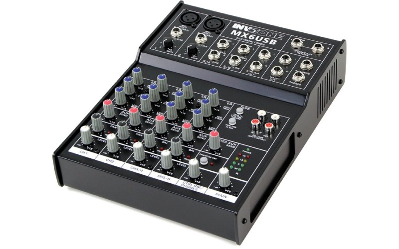 Invotone MX6USB - Микшерный пульт 2 микрофонных входа, XLR и балансный Jack, 2 стерео входа c USB