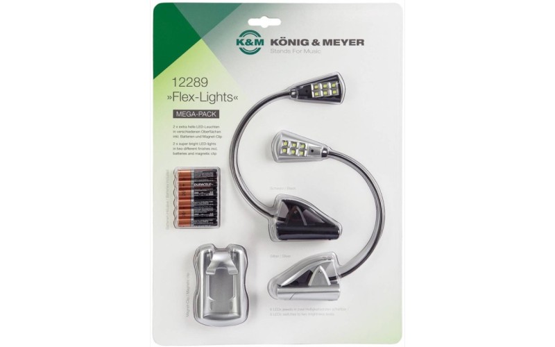 K&M 12289-000-00 комплект из 2х подсветок для нот, гибкая шея, прищепка, 6 LED,батарейки и магнитный