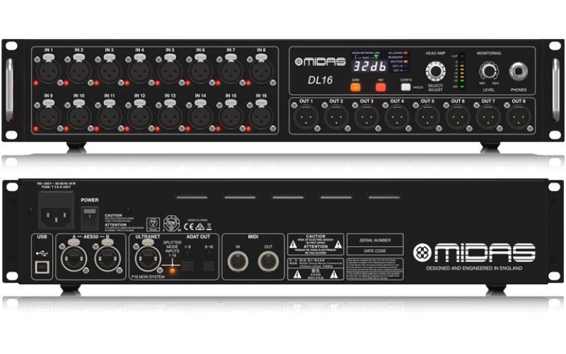 MIDAS DL16 стейдж-бокс, 16 мик/лин входов, 8 лин выходов XLR, 48 кГц, 2 x AES50, ULTRANET, 2 x ADAT,