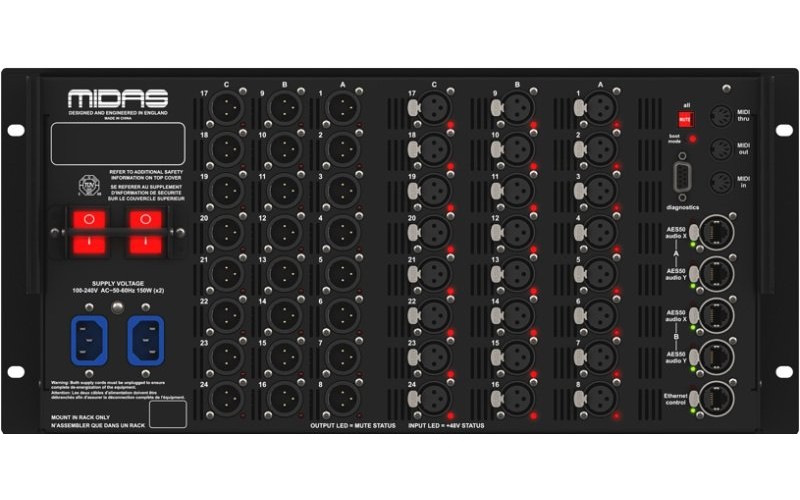 MIDAS DL231 микрофонный сплитер, 24 мик/лин входов, 24 лин вых, 2 мик преампа на вход, 48-96кГц, 2 x