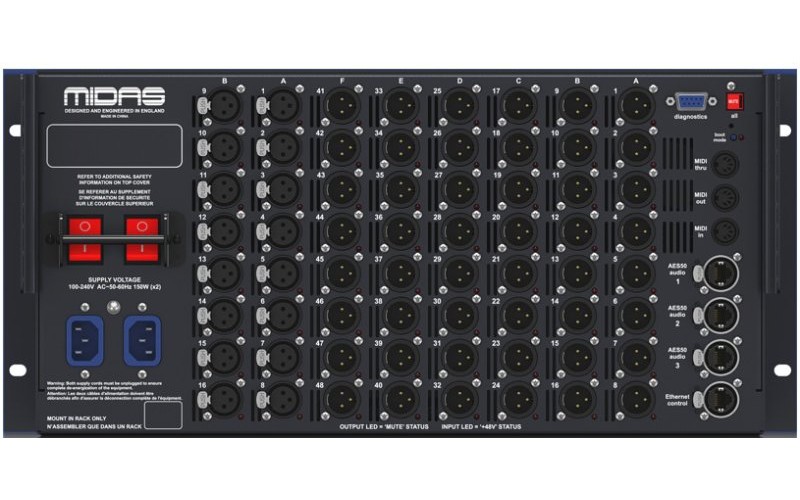 MIDAS DL252 стейдж-бокс, 16 мик/лин входа, 48 лин выходов XLR, 48-96 кГц, 3 x AES50, 2БП, 5U