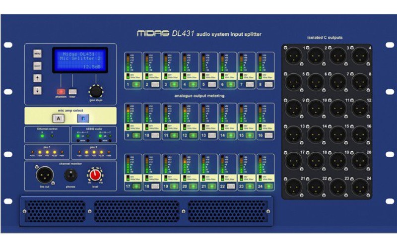 MIDAS DL431 микрофонный сплиттер, 24 мик/лин вх, 2 мик преампа, Вых А,В и трансф.С, 96кГц, 2xAES50 А