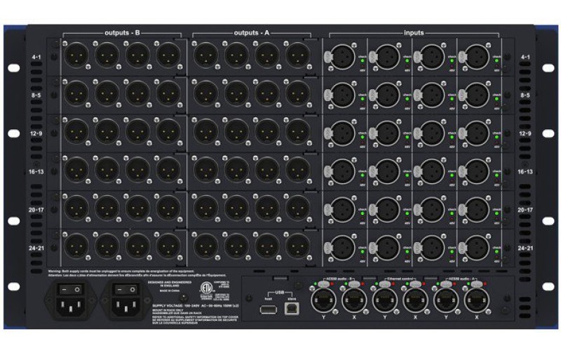 MIDAS DL431 микрофонный сплиттер, 24 мик/лин вх, 2 мик преампа, Вых А,В и трансф.С, 96кГц, 2xAES50 А
