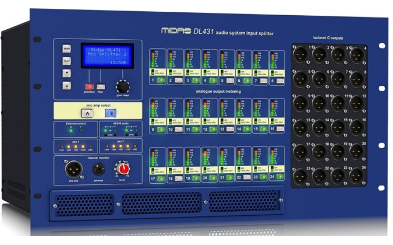 MIDAS DL431 микрофонный сплиттер, 24 мик/лин вх, 2 мик преампа, Вых А,В и трансф.С, 96кГц, 2xAES50 А