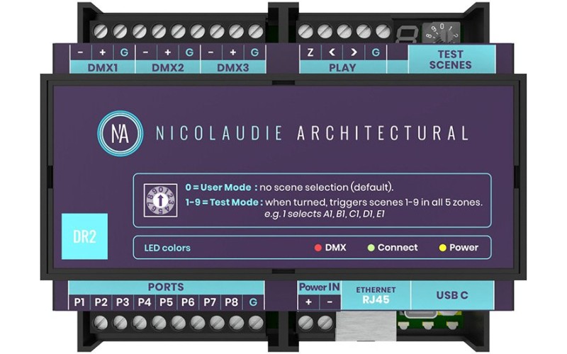 NICOLAUDIE ARCHITECTURAL DINA-DR2 LITE - DMX-интерфейс, 3х DMX512 (512 канала), 5 зон,  99 сцен, USB