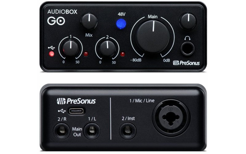PreSonus AudioBox GO аудио интерфейс, USB 2.0, 2вх/2 вых канала, 1мик,1инстр, 24бит/44-96кГц