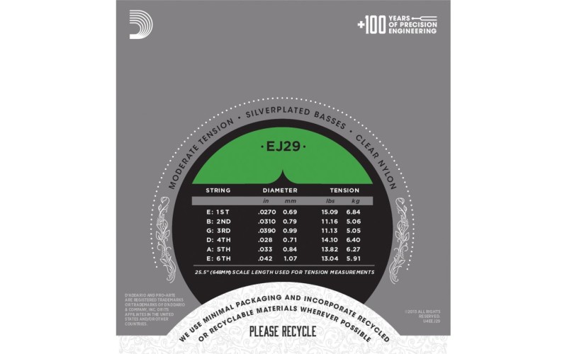 D'ADDARIO EJ29 - нейлоновые струны для классической гитары, умеренное натяжение, Classics