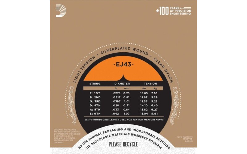 D'ADDARIO EJ43 - нейлоновые струны для классической гитары, легкое натяжение, Pro Arte