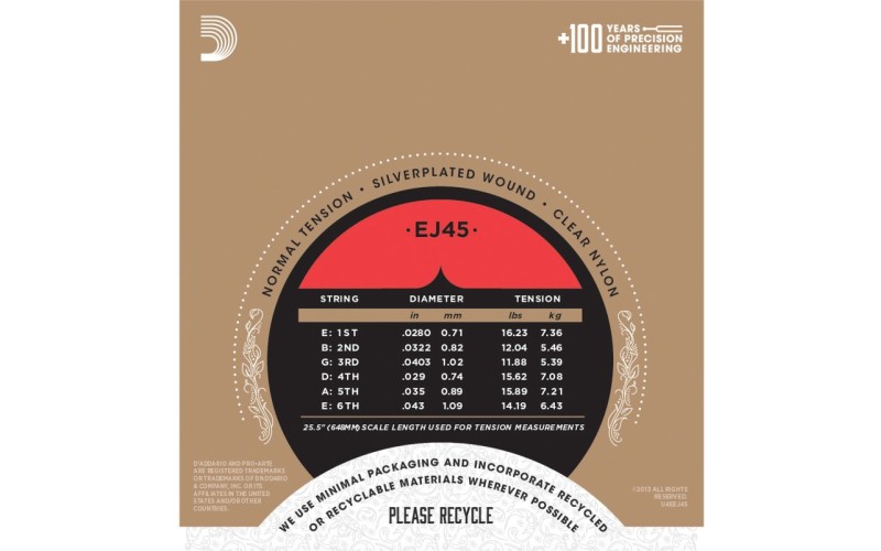 D'ADDARIO EJ45 - нейлоновые струны для классической гитары, среднее натяжение, Pro Arte