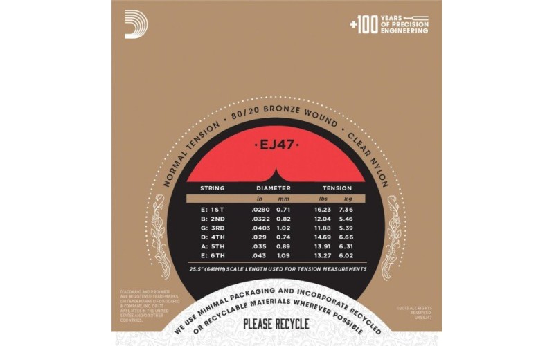 D'ADDARIO EJ47 - нейлоновые струны для классической гитары, бронза (80/20), среднее натяжение