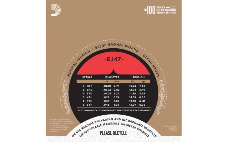 D'ADDARIO EJ47 - нейлоновые струны для классической гитары, бронза (80/20), среднее натяжение