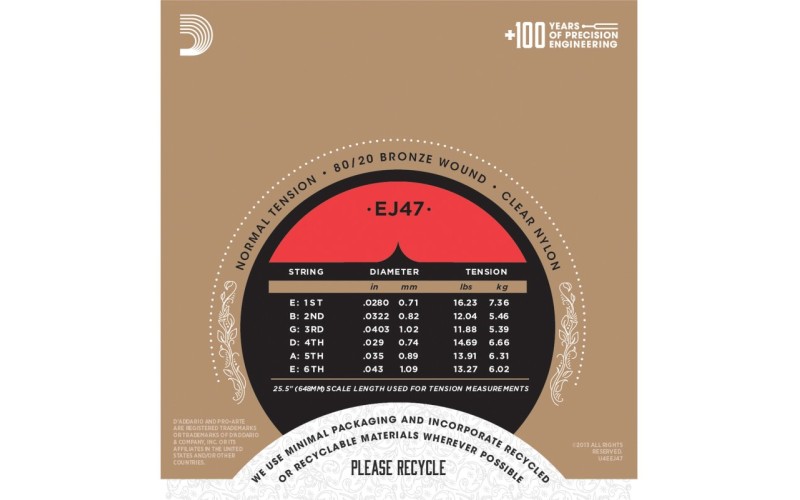D'ADDARIO EJ47 - нейлоновые струны для классической гитары, бронза (80/20), среднее натяжение