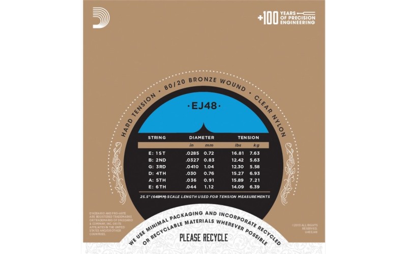 D'ADDARIO EJ48 - нейлоновые струны для классической гитары, бронза 80/20, сильное натяжение