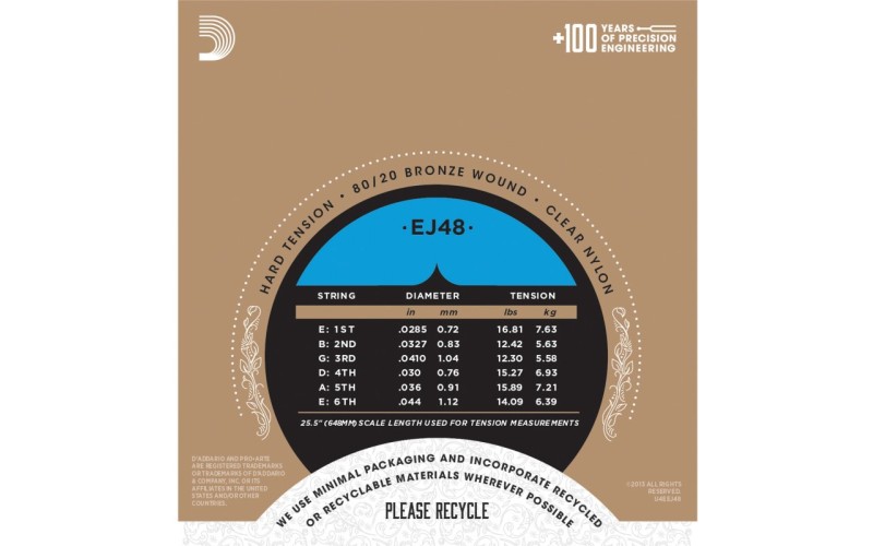 D'ADDARIO EJ48 - нейлоновые струны для классической гитары, бронза 80/20, сильное натяжение
