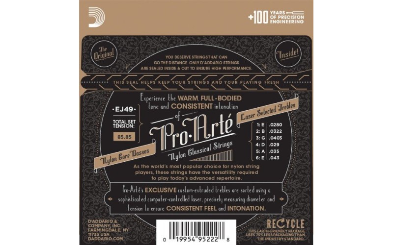 D'ADDARIO EJ49 - струны для классической гитары, черный нейлон, среднее натяжение, Pro Arte