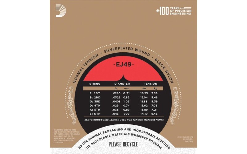 D'ADDARIO EJ49 - струны для классической гитары, черный нейлон, среднее натяжение, Pro Arte