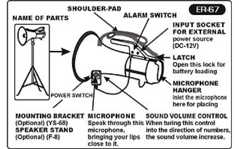 SHOW ER-67S - мегафон 40 вт, 12в, выносной микрофон, сирена, вес 2.5 кг, алюминий