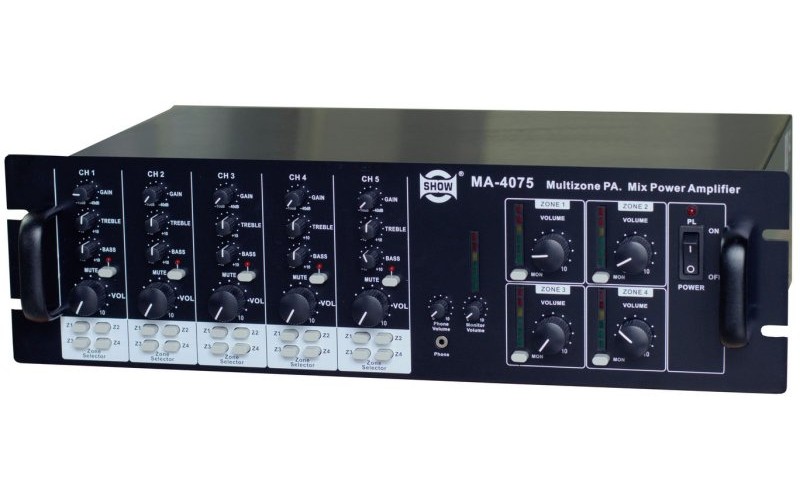 Show MA-4075 - трансляционный усилитель мощности 4 канала по 40 Вт , 4 зоны, 50/700/100V , 4-8 Om,