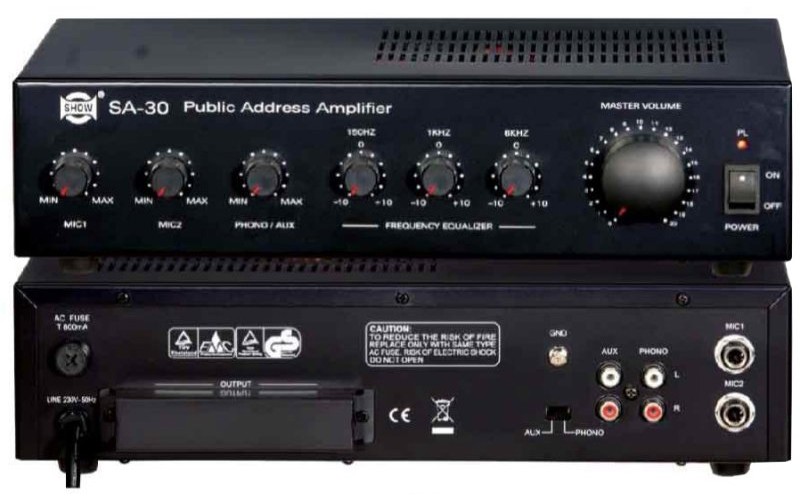 Show SA30 - трансляционный усилитель мощности 30 вт, 4/8/16 ом,100 в, 2mic.+1 AUX+1Phone,50Hz~20KHz